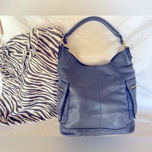 LINEA PELLE Genuine Leather Hobo shoulder bag purse tote magnetic closure, Navy